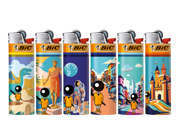 BIC Maxi J26 "Bic boy, in all times" Reibrad Feuerzeuge, 50er Display