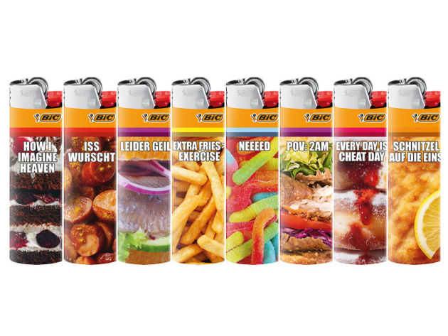 BIC Maxi J26 "Fast food" Reibrad Feuerzeuge, 50er Display