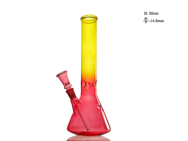 Glasbong "Rot/Gelb" mit Eis, Höhe 30 cm; Schliff: 14,5 mm