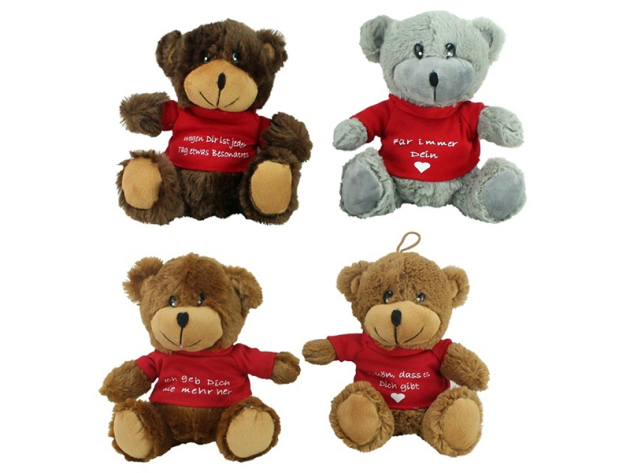 Plüsch "Bär sitzend" mit Shirt & Spruch; 4-fach sortiert;20 cm;  einzeln