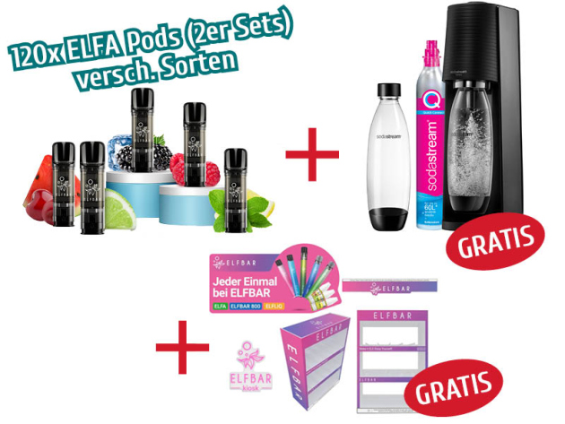 Aktion 120x ELFA (2er Sets) mit Nikotin + Soda Stream TERRA + ELFBAR Marketing Paket Premium LED
