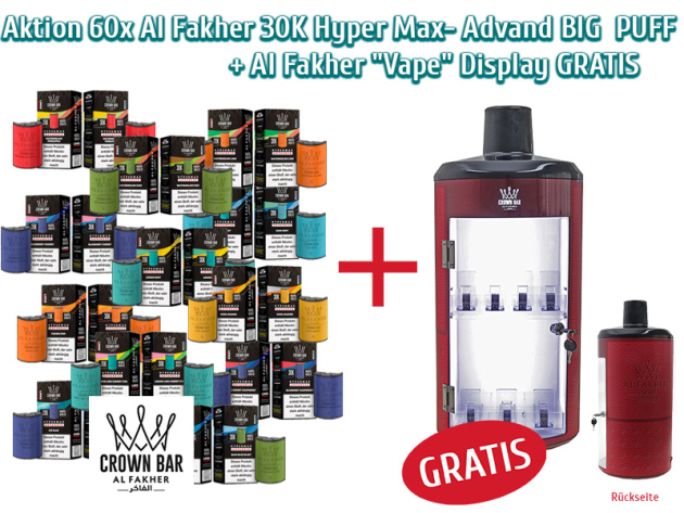 Aktion 60x Al Fakher 30K Hyper Max- Advand BIG  PUFF + Al Fakher "Vape" Display GRATIS