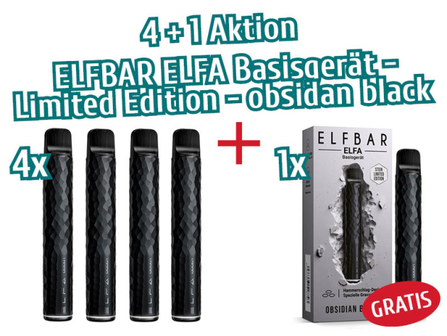 Aktion 4+1 - 4x ELFBAR ELFA Basisgerät - Limited Edition - obsidan black + 1 GRATIS