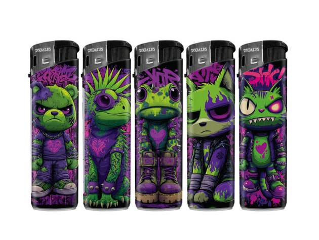 Elektrofeuerzeuge "Angry Purple" 5-fach sortiert, 50er Display