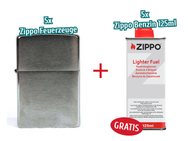 Zippo Aktion - 5x Feuerzeug - Chrom-Gebürstet + 5x Zippo Benzin 125ml