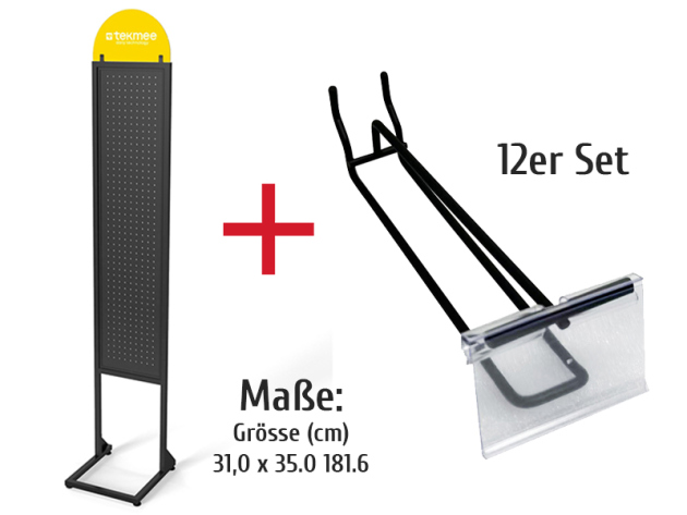Tekmee Präsentations-Display "Schwarz"; 2 Säulen + 12er Set Haken schwarz