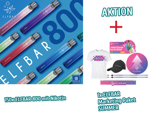 Aktion 150x ELFBAR 800 mit Nikotin + ELFBAR Marketing Paket Summer GRATIS