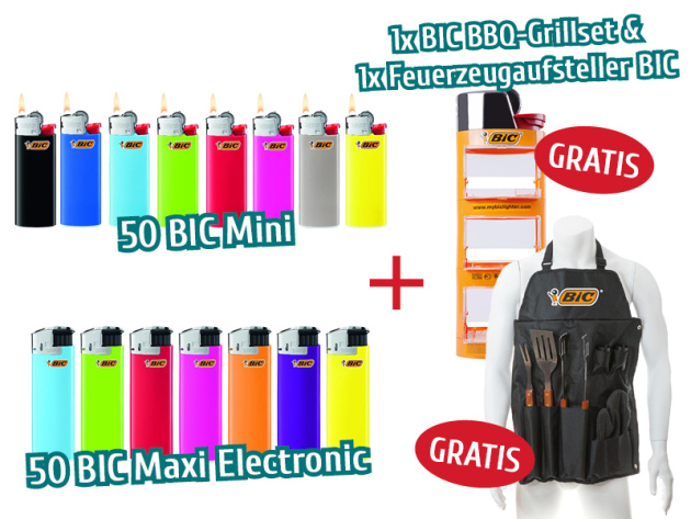 1x BIC Mini "Neutral", 50er Display + 1x BIC Maxi Electronic "Neutral", 50er Display + 1x BIC BBQ-Grillset & 1x Feuerzeugaufsteller BIC GRATIS
