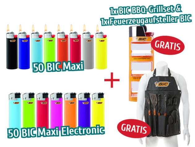1x BIC Maxi "Neutral", 50er Display + 1x BIC Maxi Electronic "Neutral", 50er Display + 1x BIC BBQ-Grillset & 1x Feuerzeugaufsteller BIC GRATIS