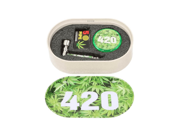 Raucher-Set "420 Hanf" Metallpfeife 7cm+Siebe+Plastikgrinder 2tlg. Ø4cm