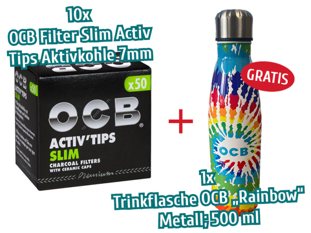 10x OCB Filter Slim Activ Tips Aktivkohle 7mm + 1xTrinkflasche OCB "Rainbow" Metall GRATIS