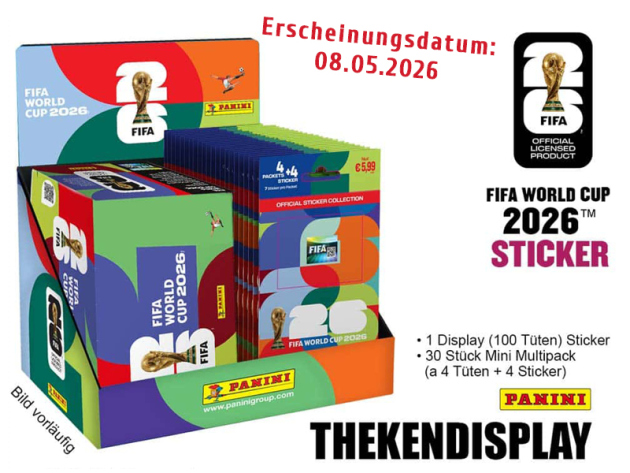 Panini FIFA WM 2026; Sticker - THEKENDISPLAY + 100x Tüten + 30x Mini Multipack