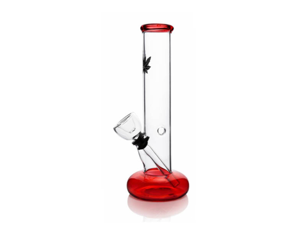 Glasbong m. Mundstück u. Fuß in rot, m. Hanfblatt-Motiv, 17cm