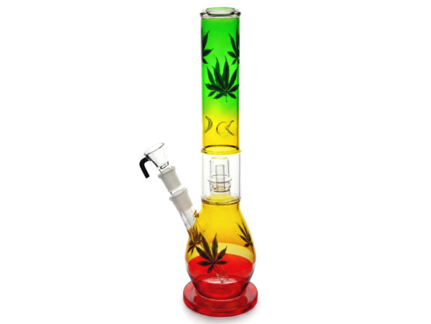 Glasbong "Rastafarben mit Blattlogo" m. Perkolator u. Eis, 40cm