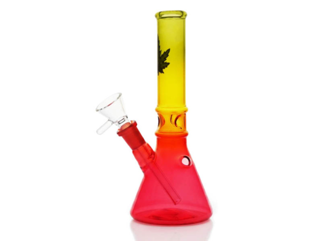 Glasbong "Rastafarben mit Blattlogo" m. 2 Ringen und Eis, 20cm