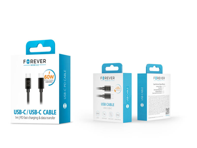 Forever Ladekabel 60W, USB-C auf USB-C, 1m, schwarz