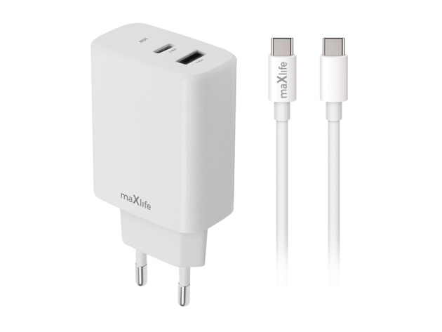 Maxlife - Netzstecker 1x USB & 1x USB-C + Kabel USB-C auf USB-C