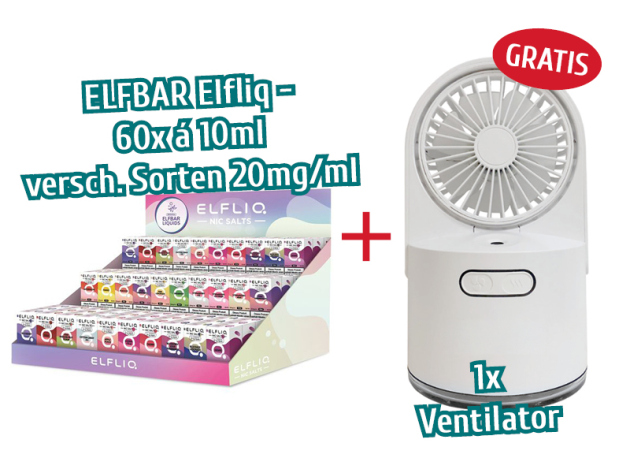 AKTION ELFBAR Elfliq - 60x á 10ml versch. Sorten 20mg/ml  & Verkausdisplay + Ventilator GRATIS