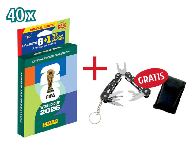 AKTION 40x Panini FIFA WM 2026; Sticker - Eco Blister + Multitool - 12 Funktionen mit Etui GRATIS