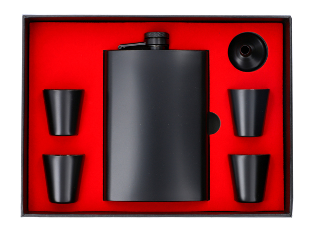 Flachmann "Black Edition" mit 4 Becher; 8 OZ (240 ml) im Geschenkkarton