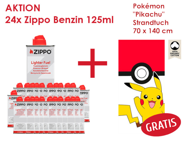 AKTION 24x Zippo Benzin á 125ml + Pokémon "Pikachu" Strandtuch GRATIS