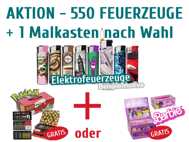AKTION - 550 Elektrofeuerzeuge und ein Malkasten (nach Wahl) GRATIS