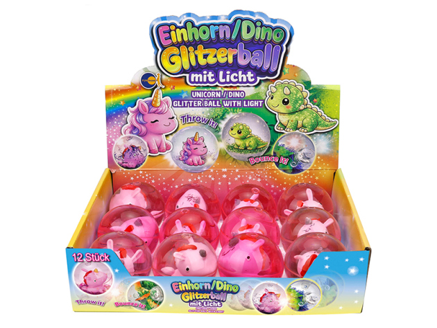 Glitzerflummi "Einhorn" mit Licht; Ø 65mm; 12er Display