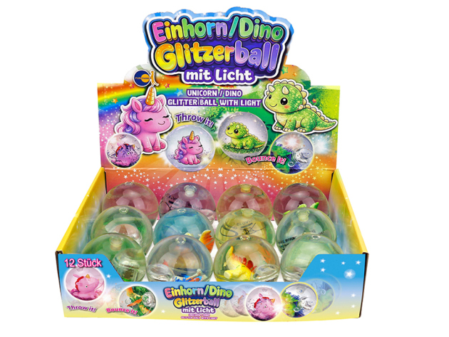 Glitzerflummi "Dino" mit Licht; Ø 65mm; 12er Display