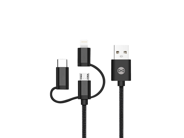 Forever 3-in-1 Ladekabel, USB-A auf Lightning + USB-C + Micro-USB, 1 m, 1,5A, schwarz