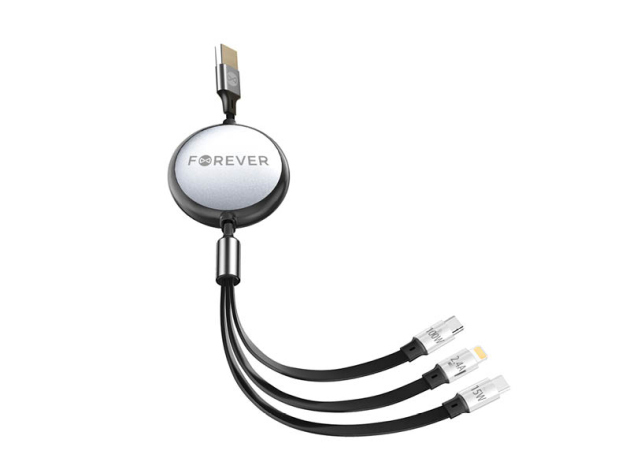 Forever 3-in-1 Ladekabel, USB - Lightning + 2x USB-C 1,2 m 100W, schwarz