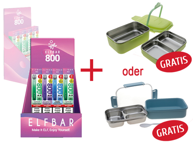 AKTION 24x ELFBAR 800 mit Nikotin & Verkaufsdisplay + Lunchbox nach Wahl GRATIS