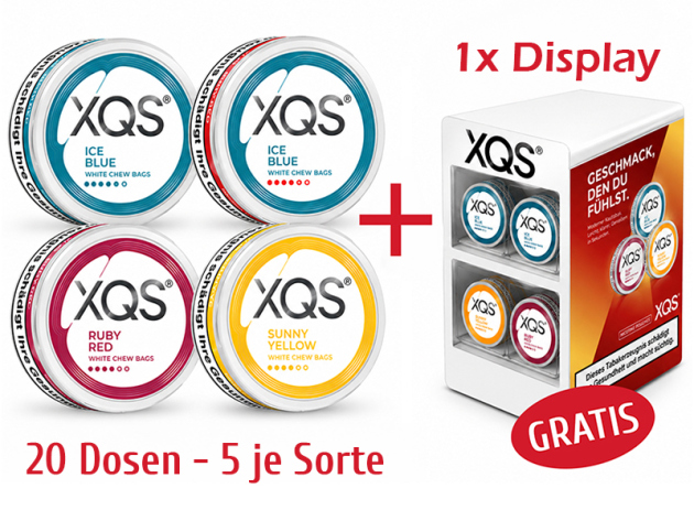 AKTION XQS - 20 Dosen - je 5 pro Sorte + XQS DISPLAY GRATIS