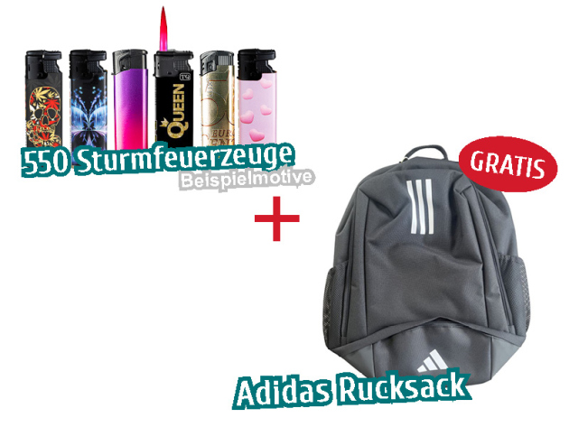 Aktion 550 Sturmfeuerzeuge + Adidas Rucksack Unisexl GRATIS