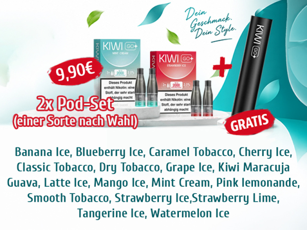 Aktion KIWI GO+ - 2x Pods (2er Sets) mit Nikotin (eine Sorte nach Wahl) + 1x Basisgeräte Black GRATIS