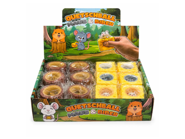 Anti-Stress Quetschball "Maus & Biber", 2-fach sortiert, 12er Pack