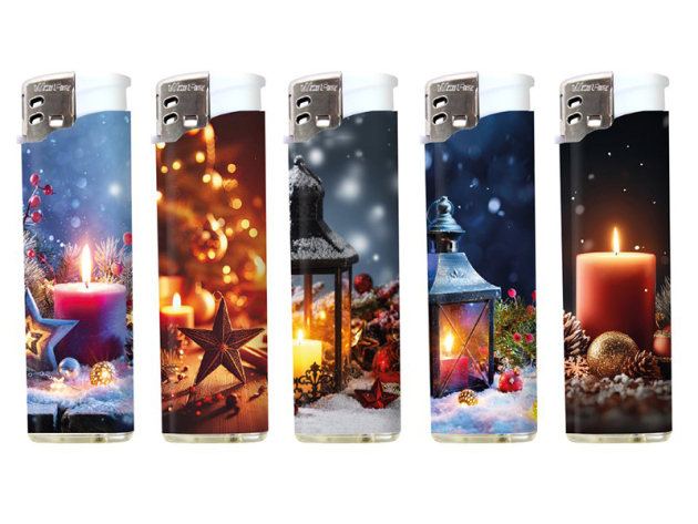Elektrofeuerzeuge "Christmas Candles"; 5-fach sort.; 50er Display