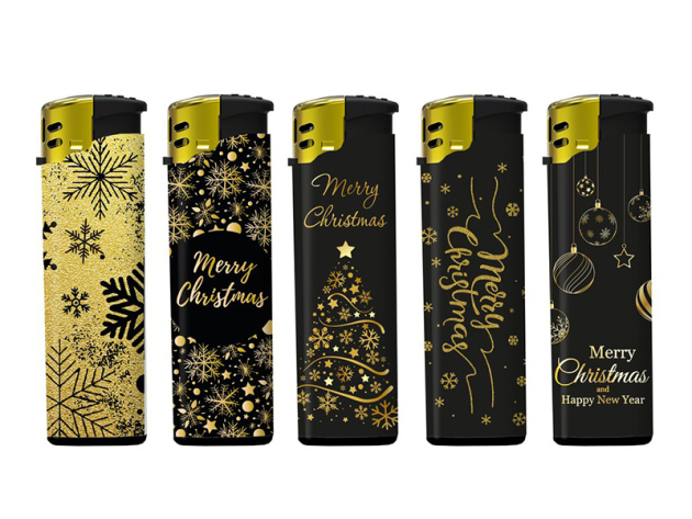 Elektrofeuerzeuge "Weihnachten Gold"; 5-fach sort.; 50er Display