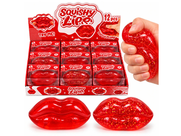 Squishy „Lippen“ Rot – mit/ohne Glitzer; 2-fach sort.; 12er Display