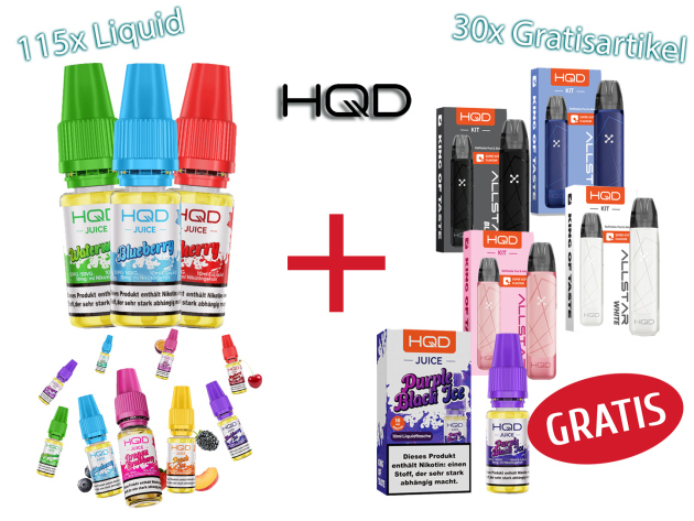 AKTION - 115x HQD Juice Liquid + 30 Artikel GRATIS