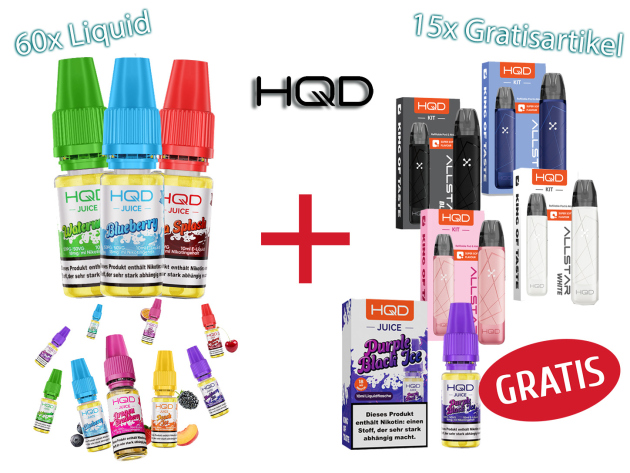 AKTION - 60x HQD Juice Liquid +15 Artikel GRATIS