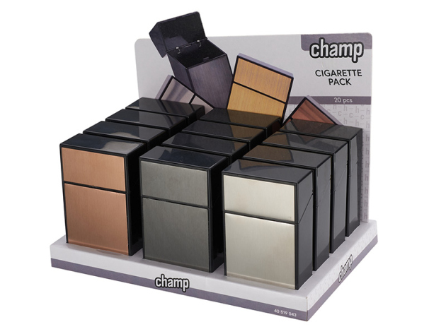 Zigarettenboxen "Brushed" für 20 Zig, Metall.; 4-fach sort.; 12er Display