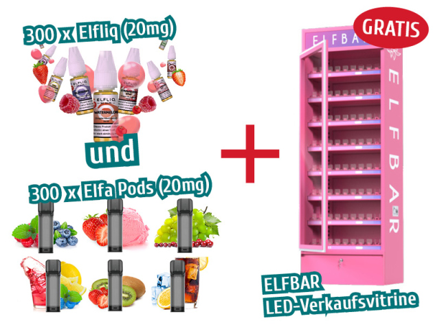 AKTION 300x Elfliq 20mg und 300x ELFBAR Elfa Pods 20mg + ELFBAR Vitrine GRATIS