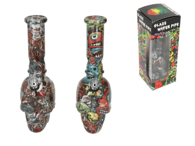 Glasbong "Totenkopf Bunt", 2-fach sort.; Ø 3 cm; H: 20 cm; Metallchillum