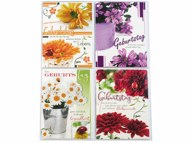 Geburtstagskarte "Blumen" mit Text & Kuvert, 4-fach sort., einzeln