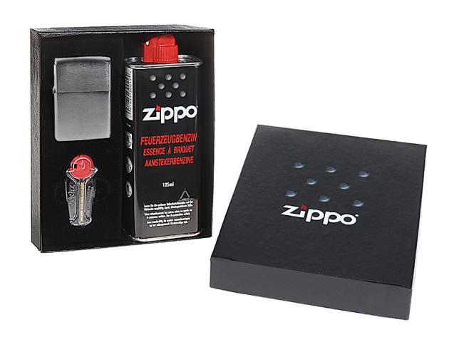 Zippo Raucherset (Feuerzeugbenzin, Feuersteine und Feuerzeug "Chrom-Gebürstet") + Geschenkebox