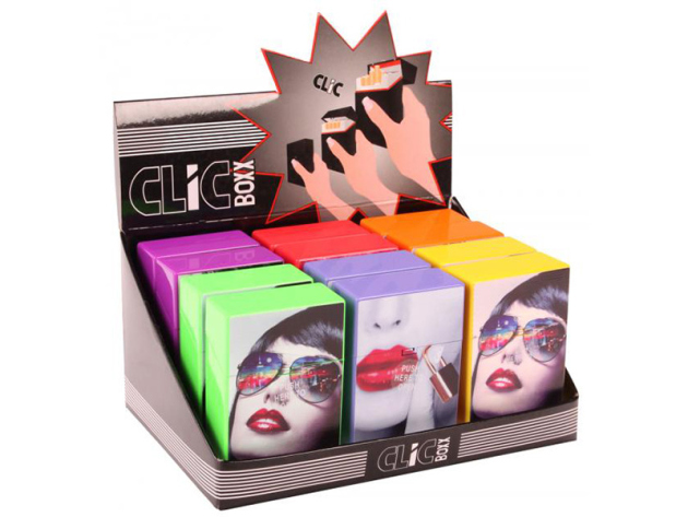 Cigarette Boxes "Sexy Chick", capacity: 20 cigs., 12p display, Clic Boxen with pressable button 