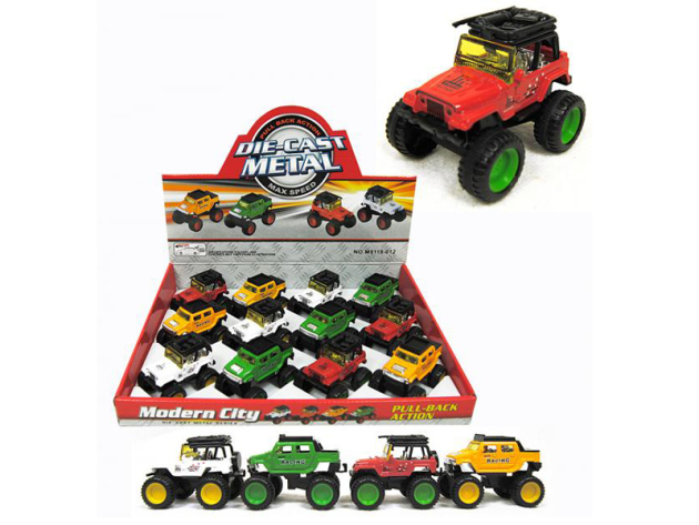 Spielzeugautos Jeep versch. Farben (weiß,rot,grün,gelb), 12er Display