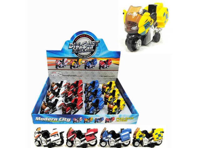 Toy Cars "Motorrad" different colours (White, Red, Blue, Yellow), 12p Display