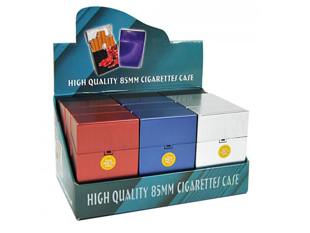 Cigarette Boxes "Bunt-Gebürstet", capacity: 20 cigs., 12p display, with pressable button